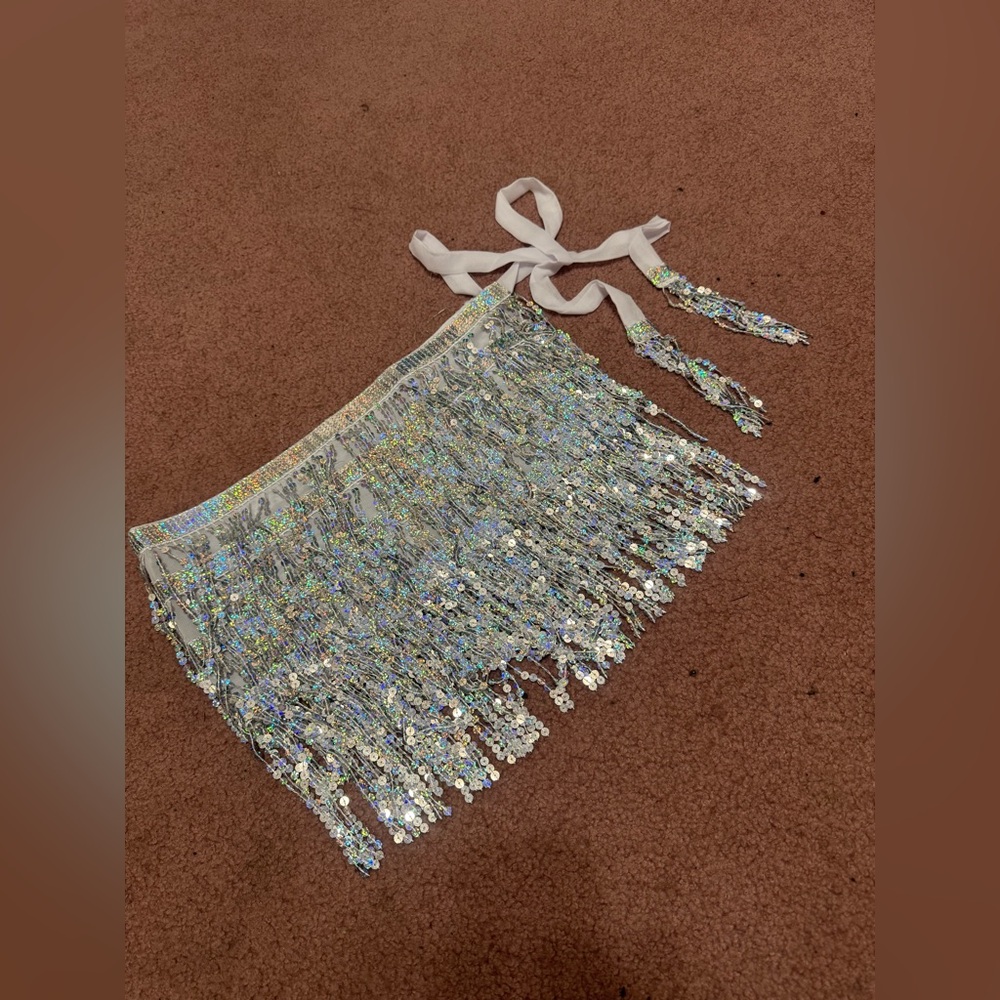 New silver sequin fringe wrap mini skirt festival rave dance metallic